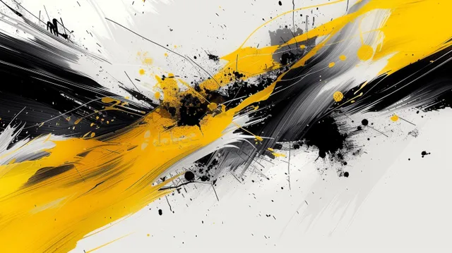 Yellow and white paint splashes and brush strokes streak across a white abstract background.