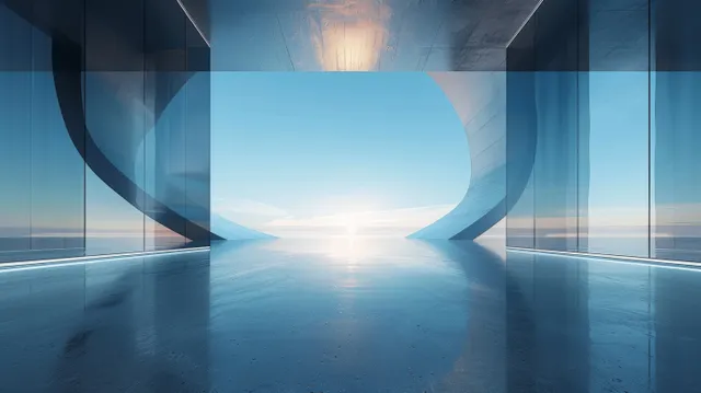 Minimalist 3D Glass Cube Architecture with Concrete Floor and Clear Horizon