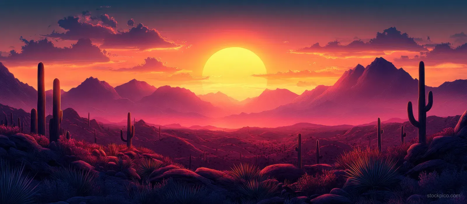 Silhouetted cacti and mountains under a vivid sunset with a glowing sun on the horizon.