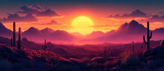 Silhouetted cacti and mountains under a vivid sunset with a glowing sun on the horizon.