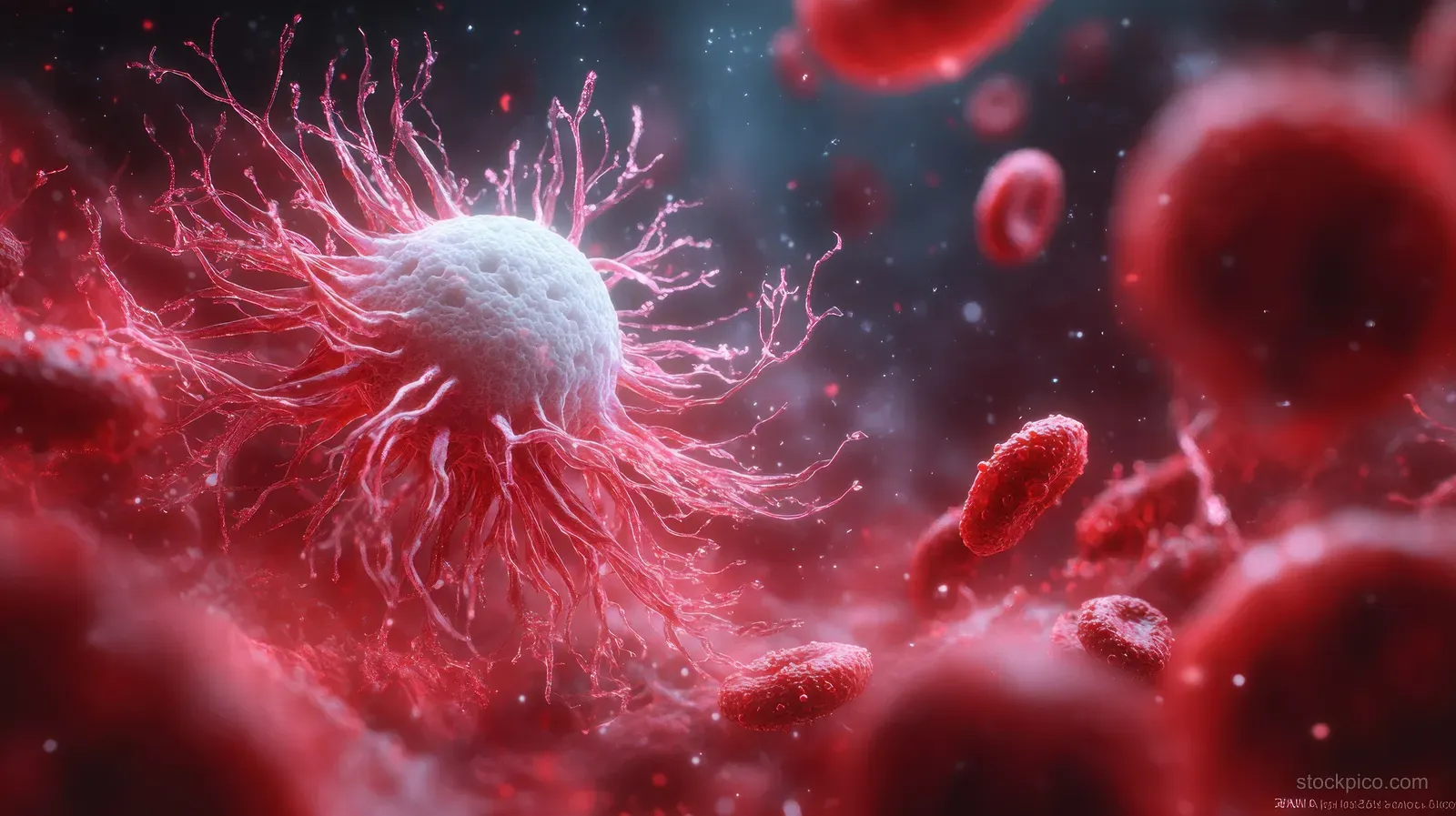 A glowing macrophage releases branching red cytokine signals as viral particles float in a dark background.