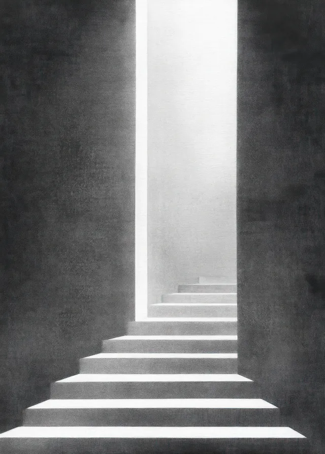 A monochrome staircase ascends between two dark walls while bright overhead light floods the steps.
