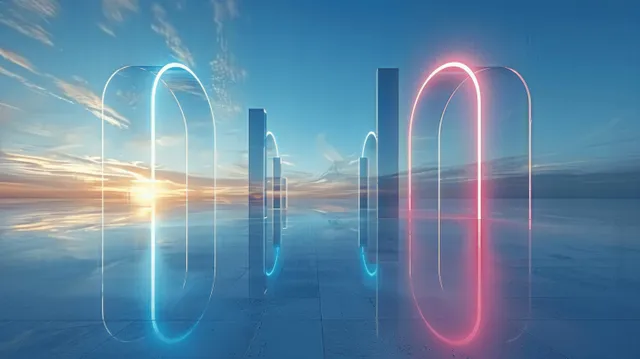 Neon glowing glass gateway arches over a concrete floor with a clear blue sky background.
