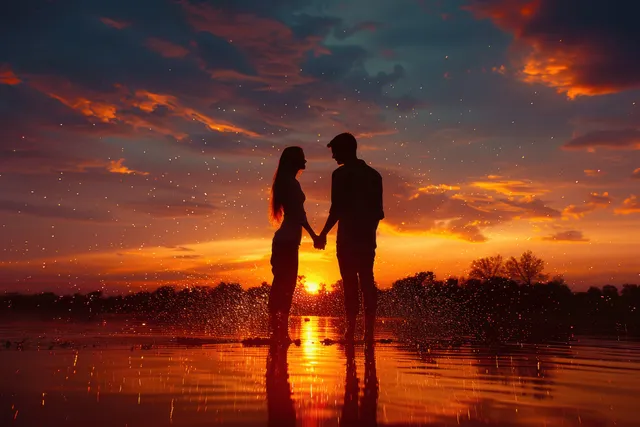 Romantic couple silhouettes holding hands by a lake at sunset with glowing burning particles with Love And Relationships