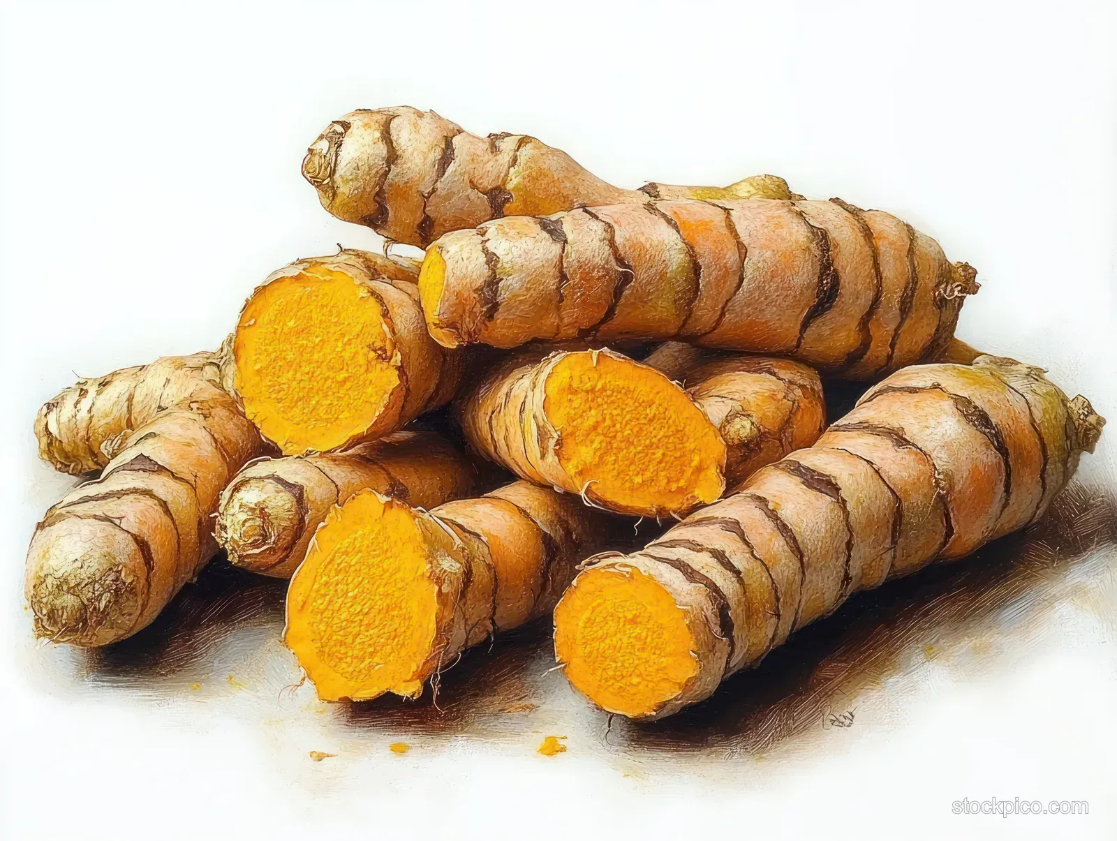 Fresh turmeric roots piled together with exposed orange interior slices on a white background.