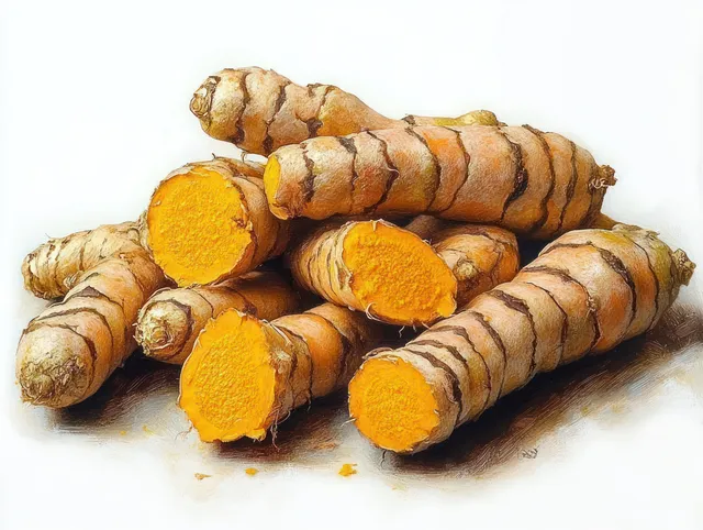 Fresh turmeric roots piled together with exposed orange interior slices on a white background.