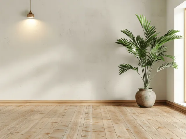 A potted palm sits on a wooden floor beside a textured concrete wall and bright window light.