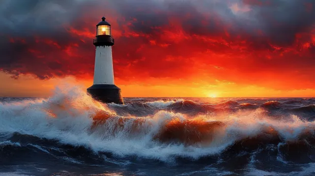 A lone lighthouse rises above crashing foamy waves under a fiery red sunset sky.