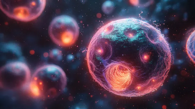 Bioluminescent 3D cells and nuclei float in a dark microscopic space, suggesting stem-cell division.