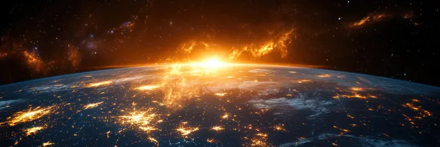 Sunrise over Earth from space with illuminated city lights, glowing atmosphere, and scattered stars in the dark sky.