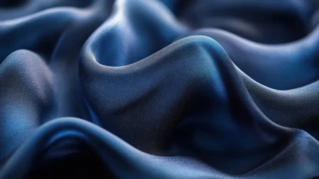 Close-up of flowing blue silk fabric drapery with glossy highlights and deep shadows.