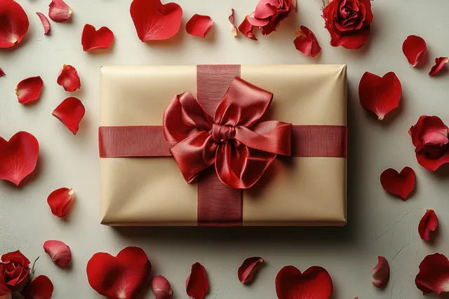 A wrapped Valentine gift box with a red ribbon bow sits in the center surrounded by rose petals and heart shapes.