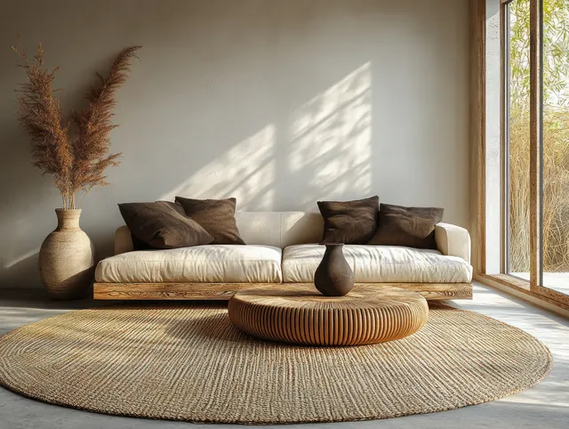 Sunlit Scandinavian living room with beige sofa, floor rug, and a framed poster mockup on a light wall.
