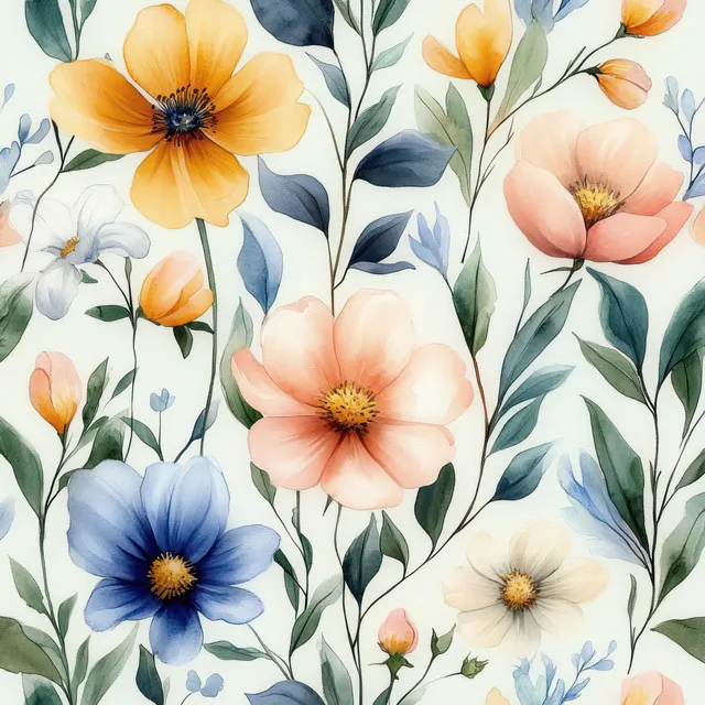 Padrão floral contínuo em aquarela com flores azuis, pêssego e creme e ramos folhosos sobre um fundo claro.