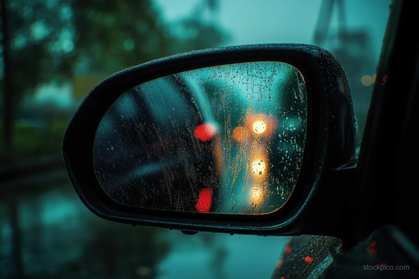 A rain-speckled car side mirror reflects blurred tail lights on a wet city street at dusk.