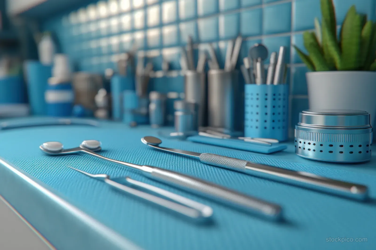 A teal tray in an aesthetic clinic holds mesotherapy-style tools and medical caps under soft light.