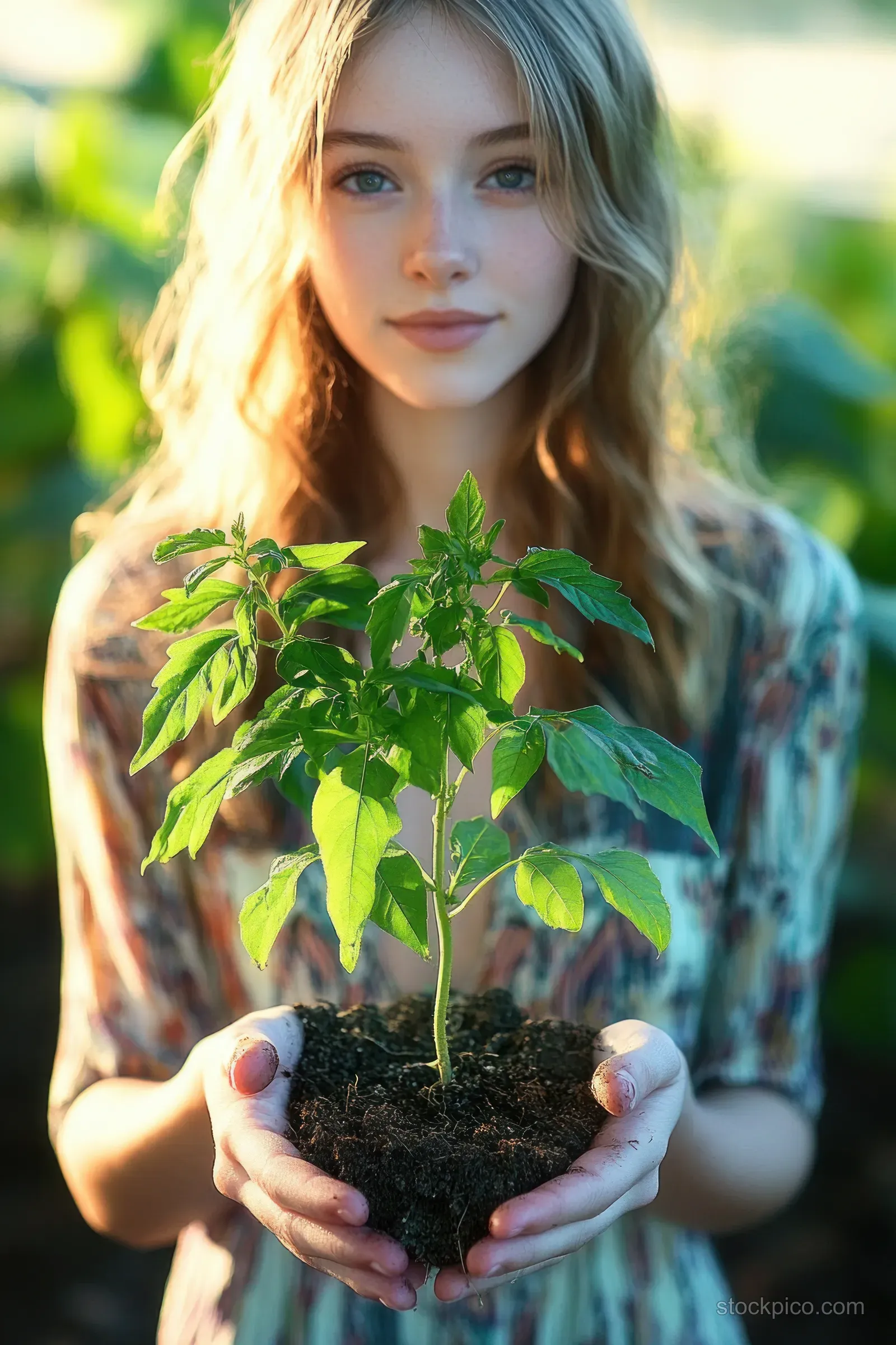 Young woman holds a small green seedling with soil in her hands in a sunlit garden.