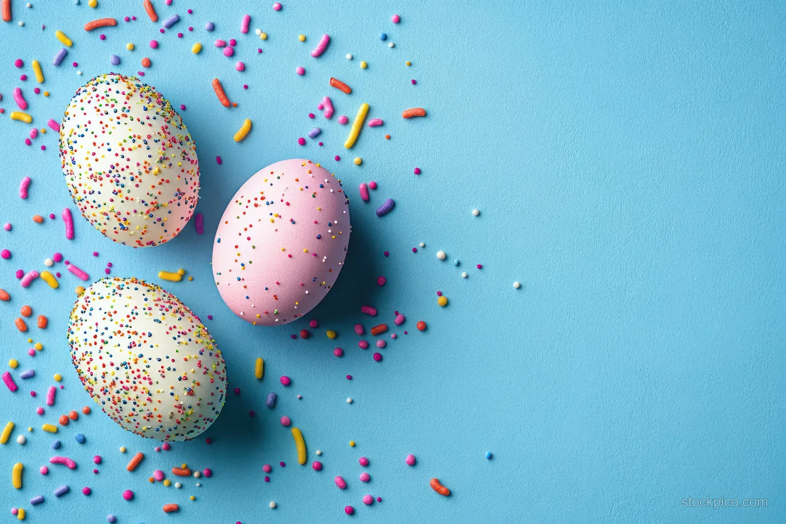 Three Easter eggs with multicolored sprinkles rest on a bright blue surface with scattered sprinkles.