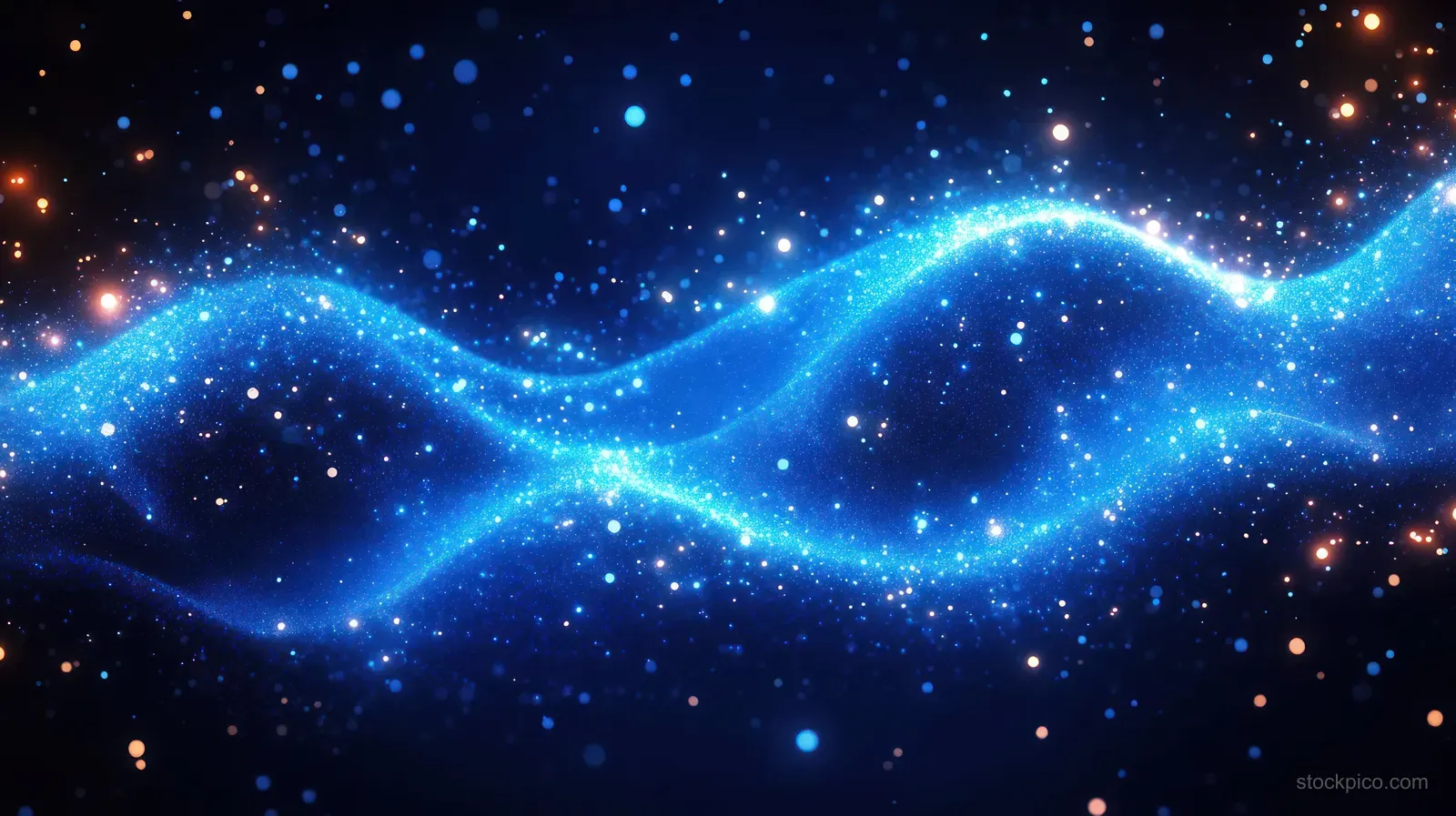 A glowing blue wave with sparkling light particles undulates across a dark cosmic background.