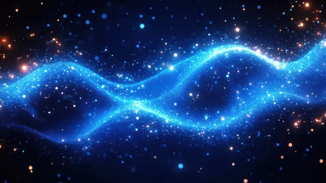 A glowing blue wave with sparkling light particles undulates across a dark cosmic background.