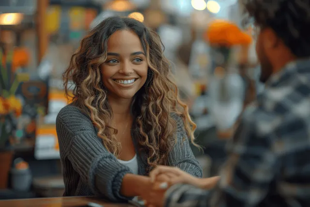 Smiling businesswoman shakes hands with male client across office desk, natural light