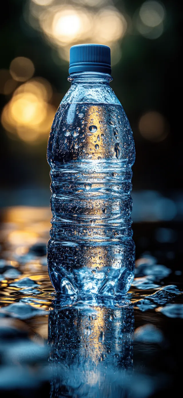 Blue water bottle with water droplets splashing upward on a dark background under warm bokeh light.