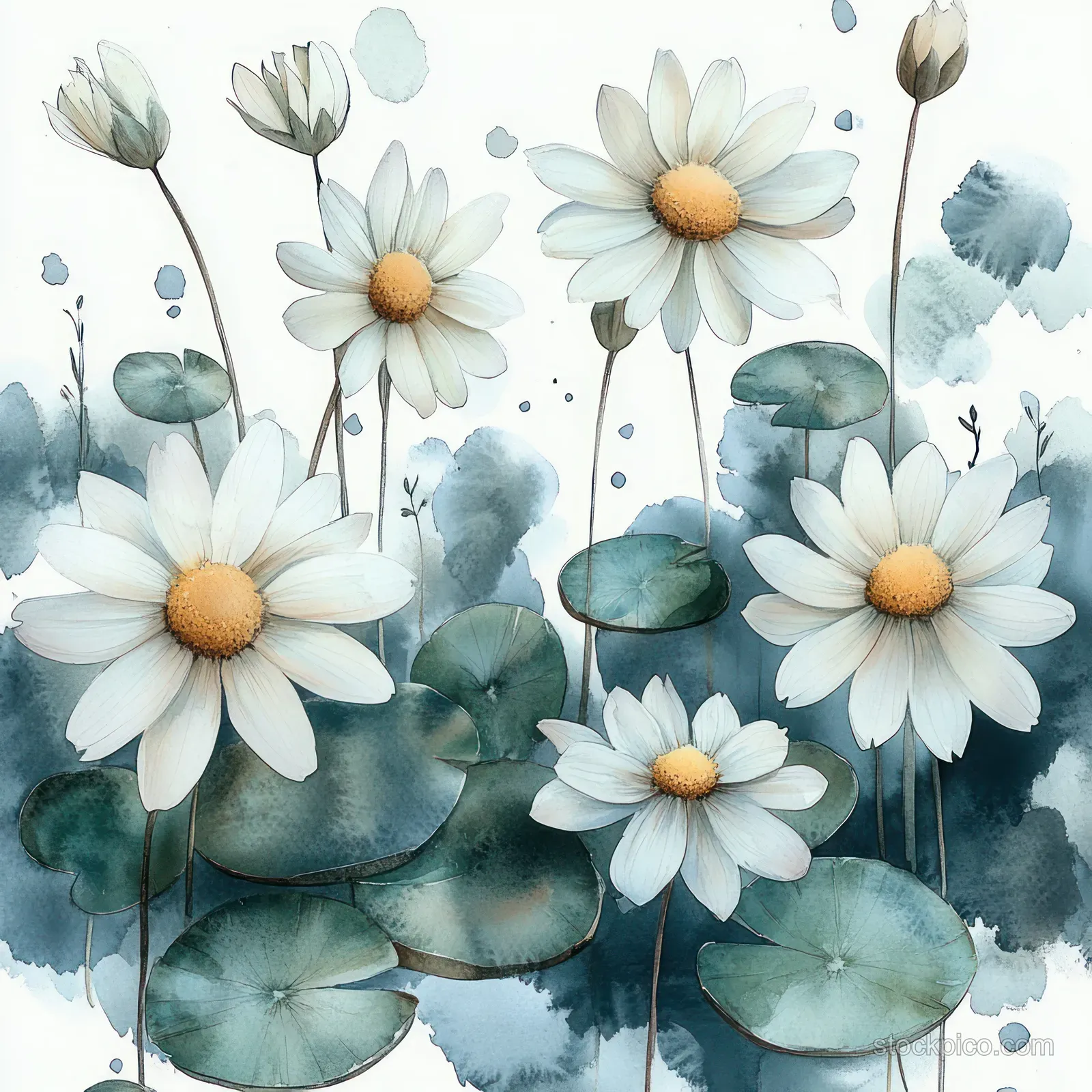 White daisies float above painted lily pads in a soft watercolor pattern with faint golden accents.