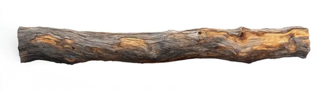 Weathered tree branch with rough bark knots isolated on a clean white background