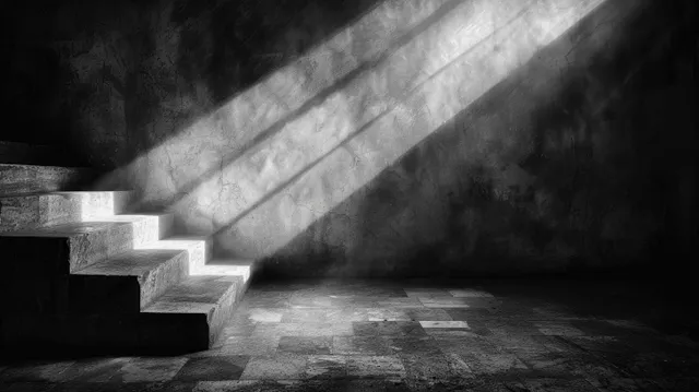 A dark stone staircase recedes into a dim room with a bright angled beam casting long shadows.