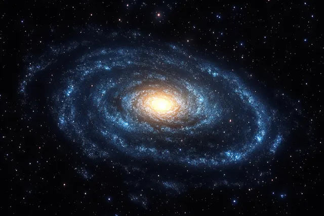 Spiral galaxy glowing with luminous stars and glowing dust clouds in deep space backdrop