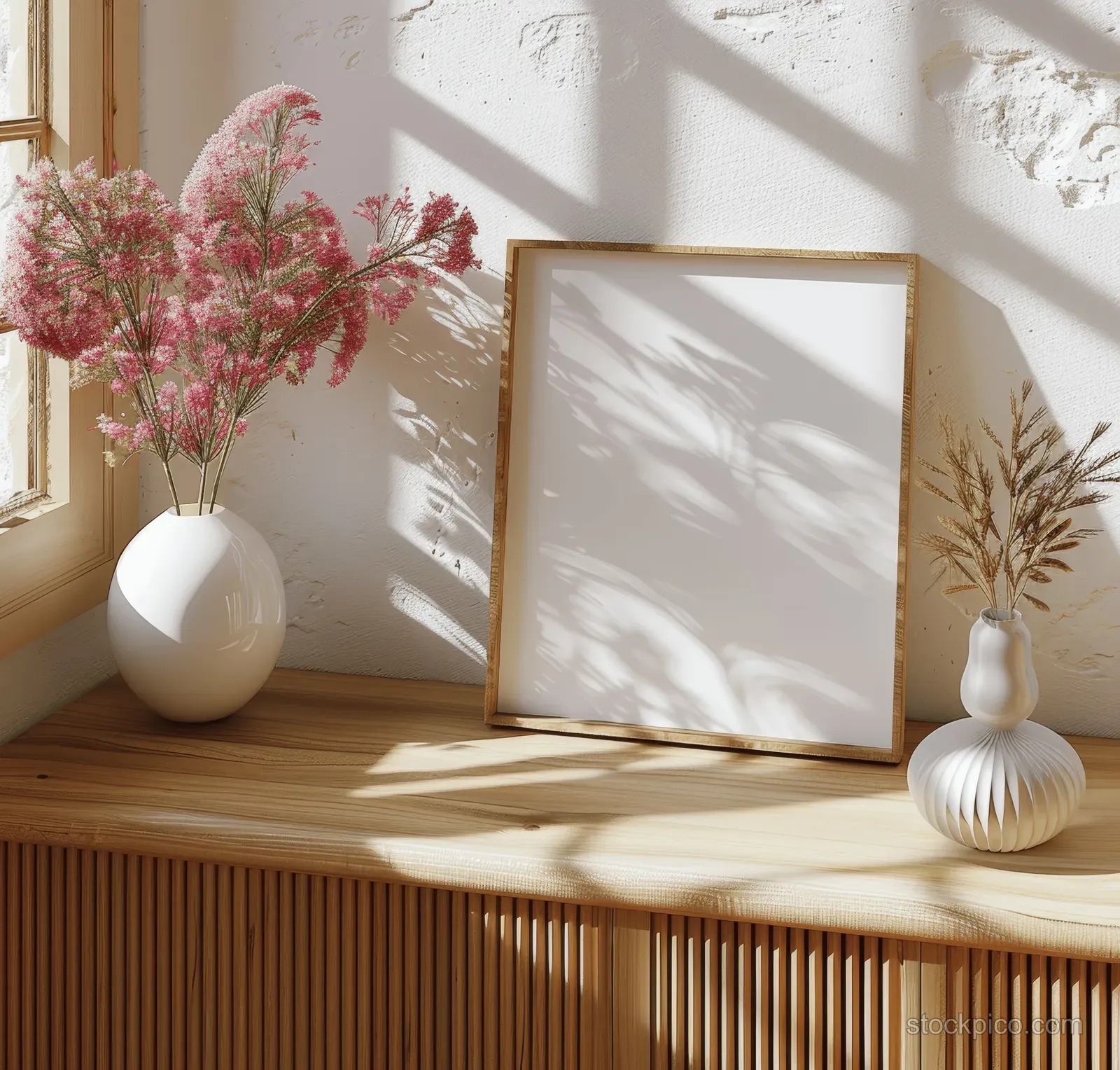 Minimalist wooden sideboard with a blank picture frame, two vases, and sunlight shadows from a nearby window.