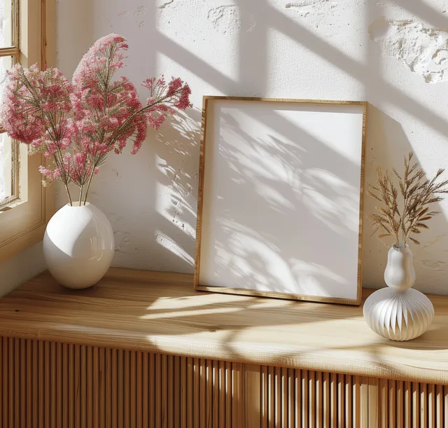 Minimalist wooden sideboard with a blank picture frame, two vases, and sunlight shadows from a nearby window.
