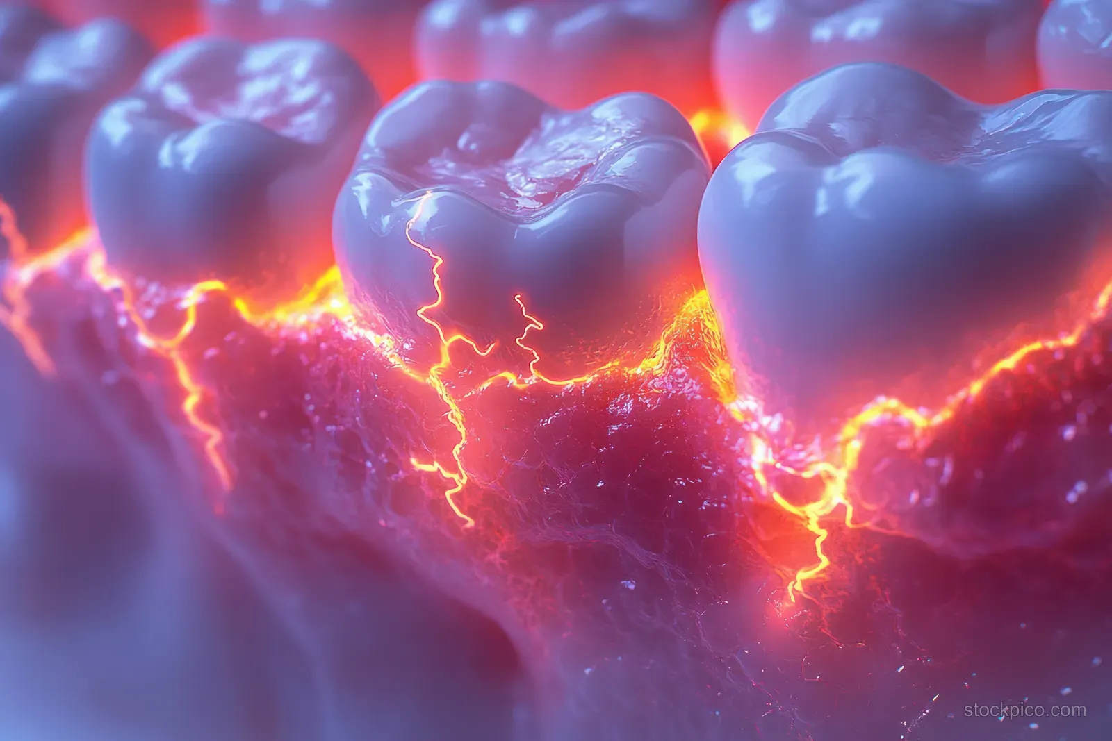 3D wisdom tooth surrounded by inflamed gums with orange lightning illuminating cracked enamel-like surfaces.