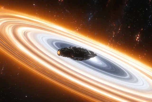 A spacecraft streaks past Saturn’s rings while a moon shadow sweeps across the glowing bands.