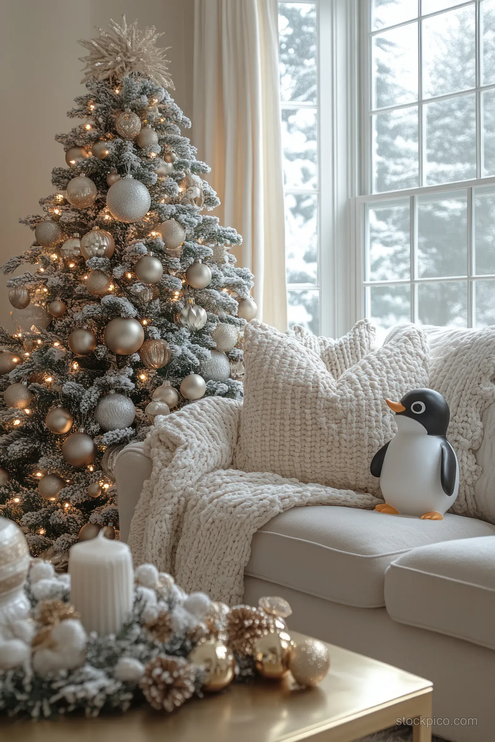 Decorated Christmas tree in a bright Scandinavian living room with a penguin statue and warm firelight.