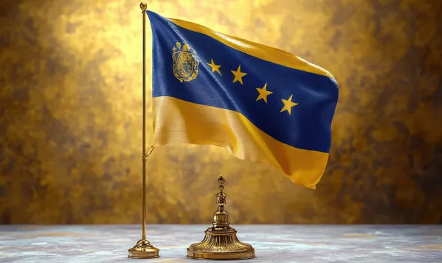 Small blue-and-gold flag with five stars waving on a gold pole over warm textured base