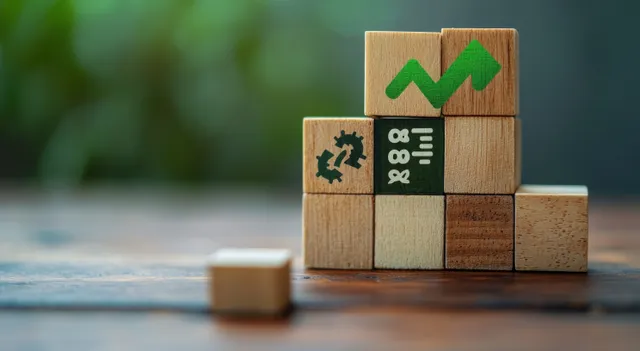 Wooden CO2 reduction blocks with green upward chart icon on tabletop
