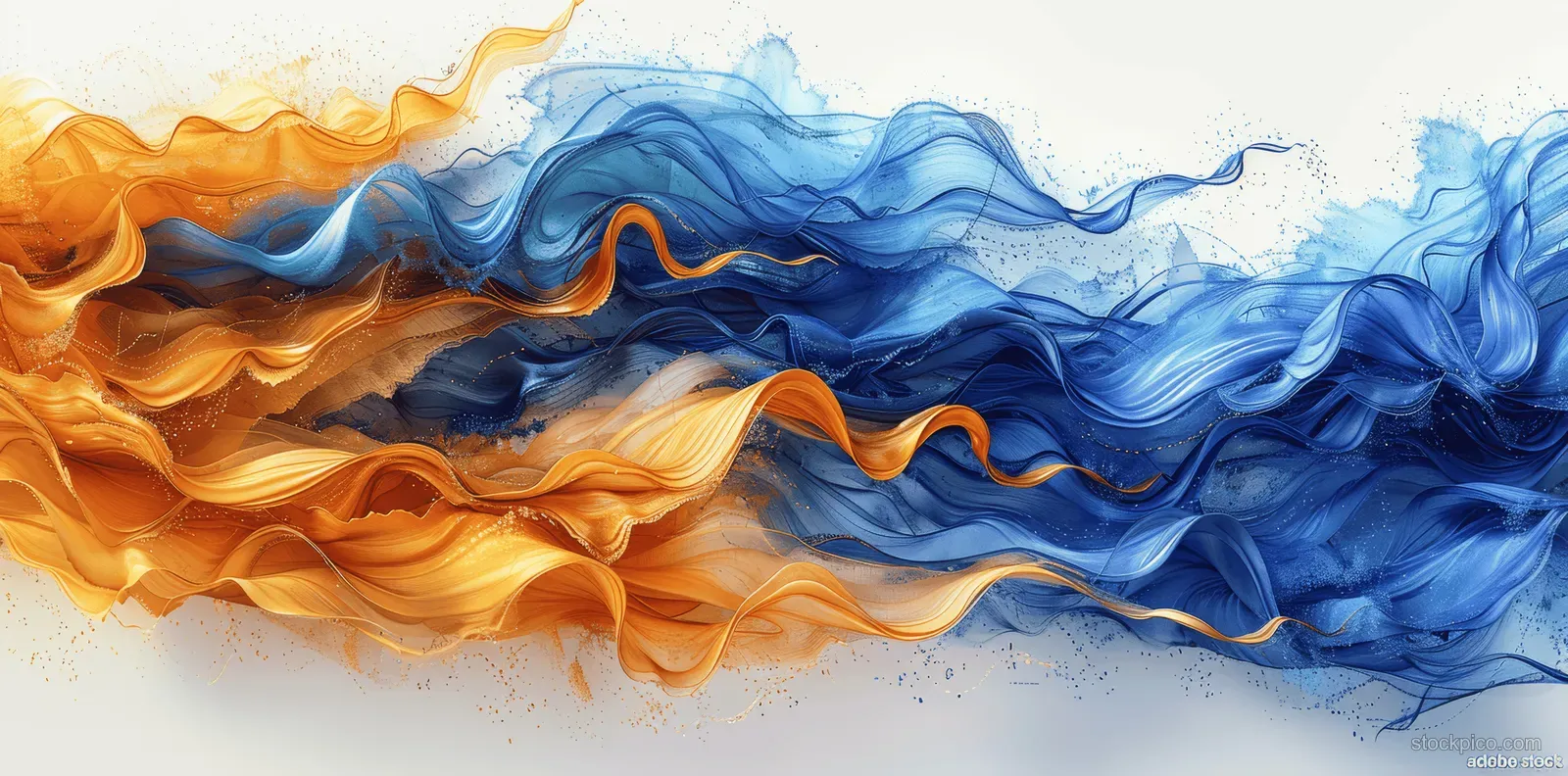 Blue and yellow watercolor wave ribbons swirl together across a light background like flowing ocean waves.