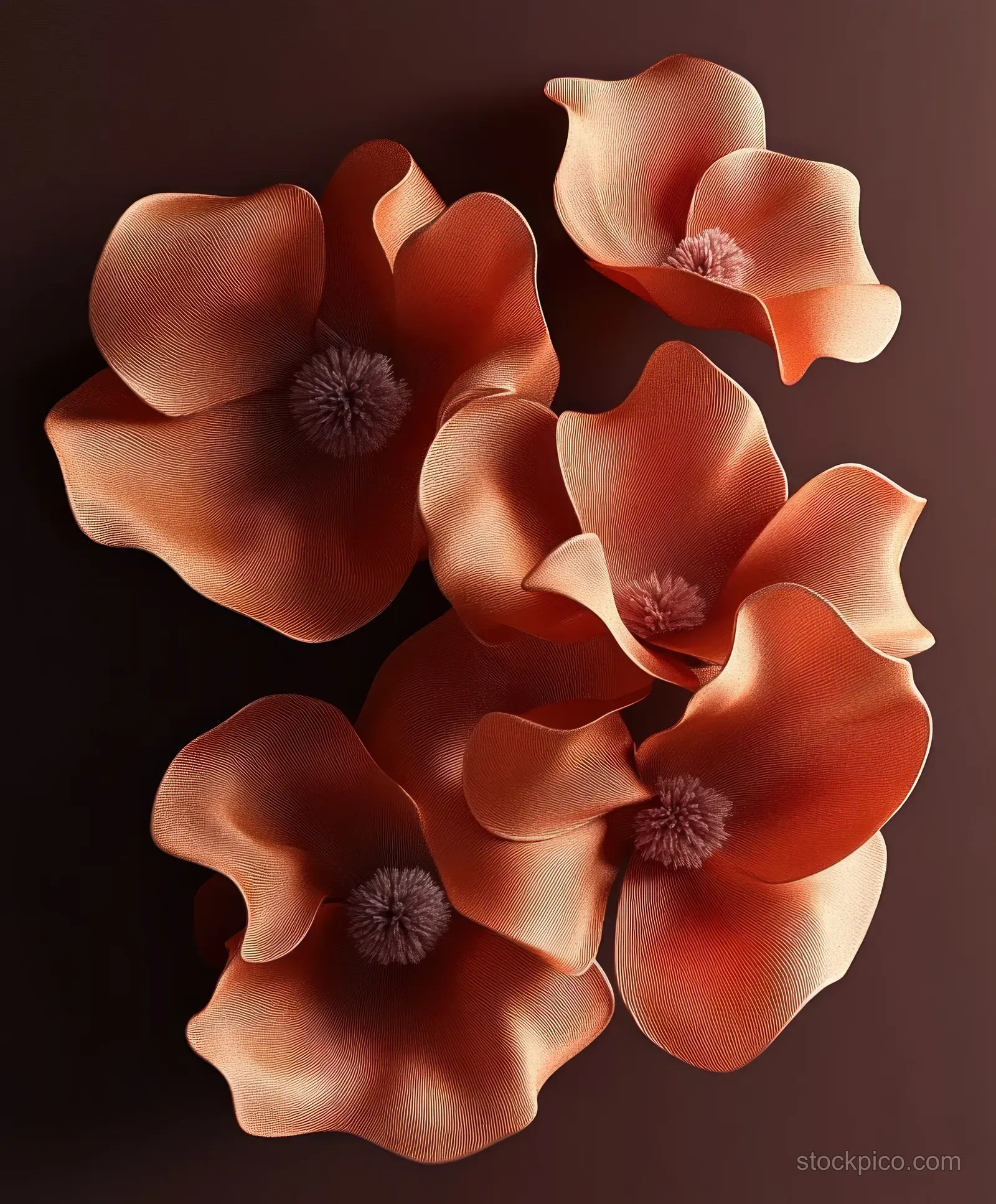 Terracotta fabric flowers with satin highlights arranged on a dark background.