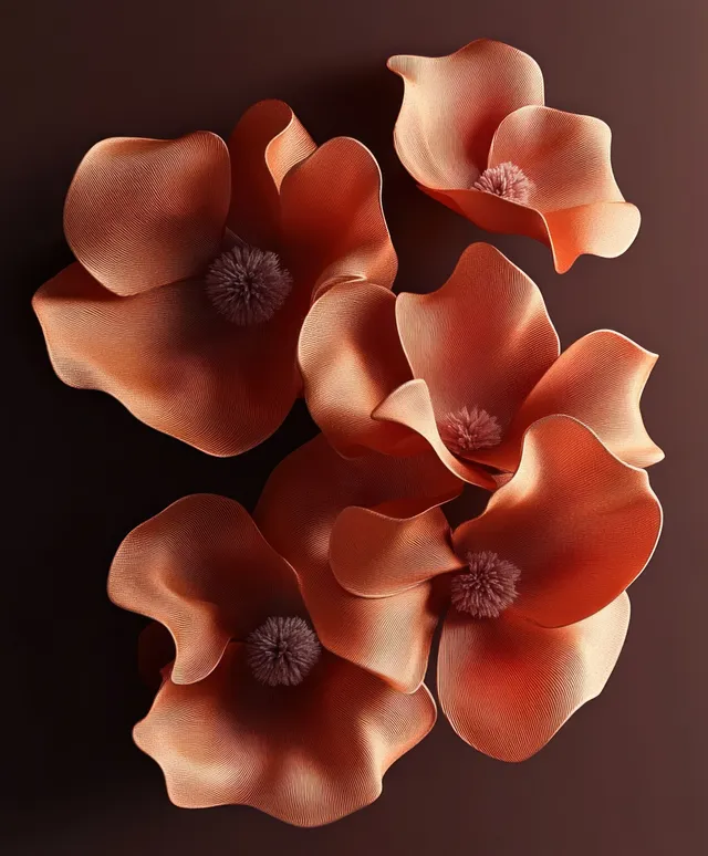 Terracotta fabric flowers arranged on dark satin background with soft sculpted petals