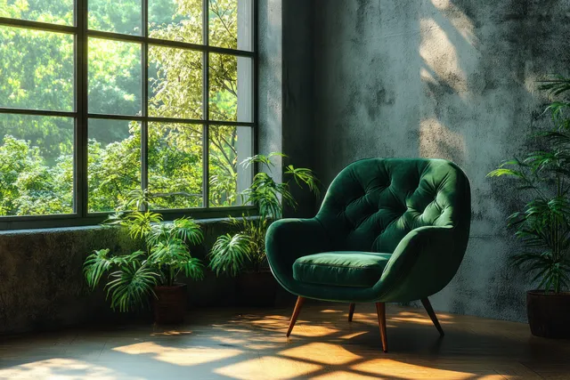 Cozy Scandinavian Living Room with Green Velvet Lounge Chair and Natural Daylight