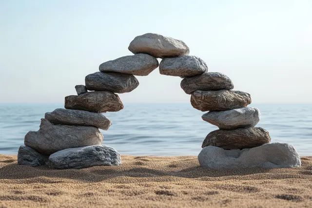 Stone arch balance at the beach with calm ocean horizon in soft daylight