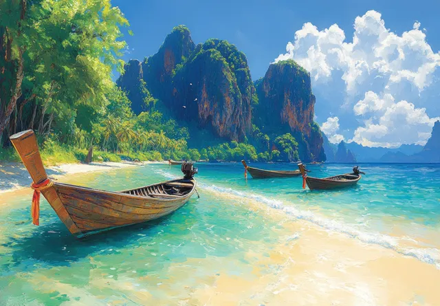 Wooden longtail boats rest on a sandy tropical beach with limestone cliffs and clear blue sky.