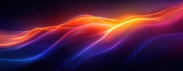 Abstract gradient flowing lines with purple and orange glow across a dark horizon