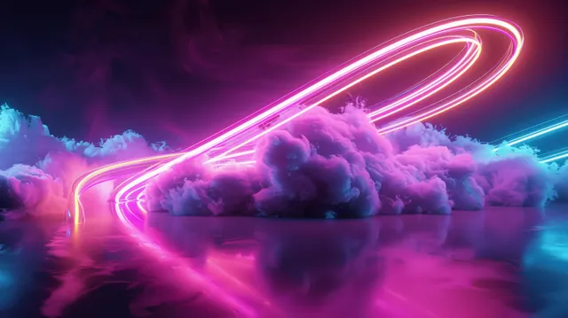 Neon lightning arc glows through purple and cyan clouds on a minimal pastel sky background.