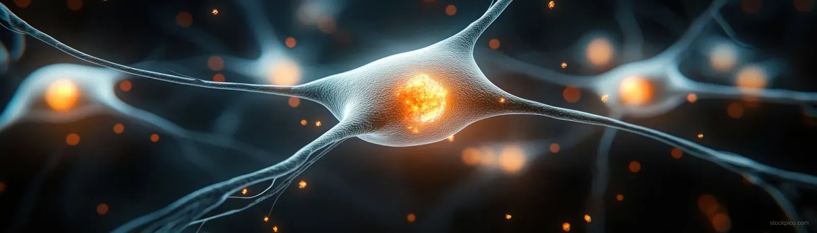 Glowing neuron with branching dendrites and bright nuclei sending signal-like sparks across a dark background.