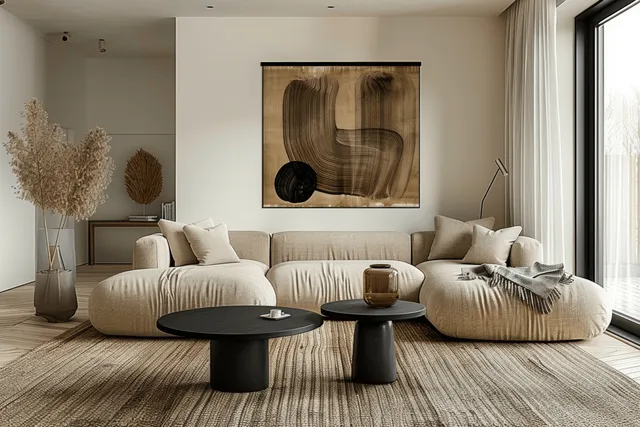 Scandinavian living room with beige sofa, black coffee table, and abstract wall artwork with Home Interiordesign