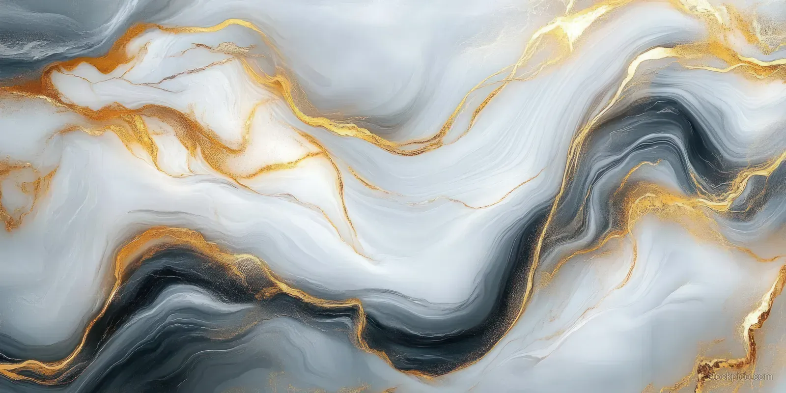 Elegant abstract marble texture with fluid gray and neutral waves, accented by radiant gold veining for a luxurious appearance.