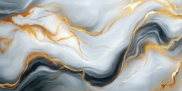 Elegant abstract marble texture with fluid gray and neutral waves, accented by radiant gold veining for a luxurious appearance.