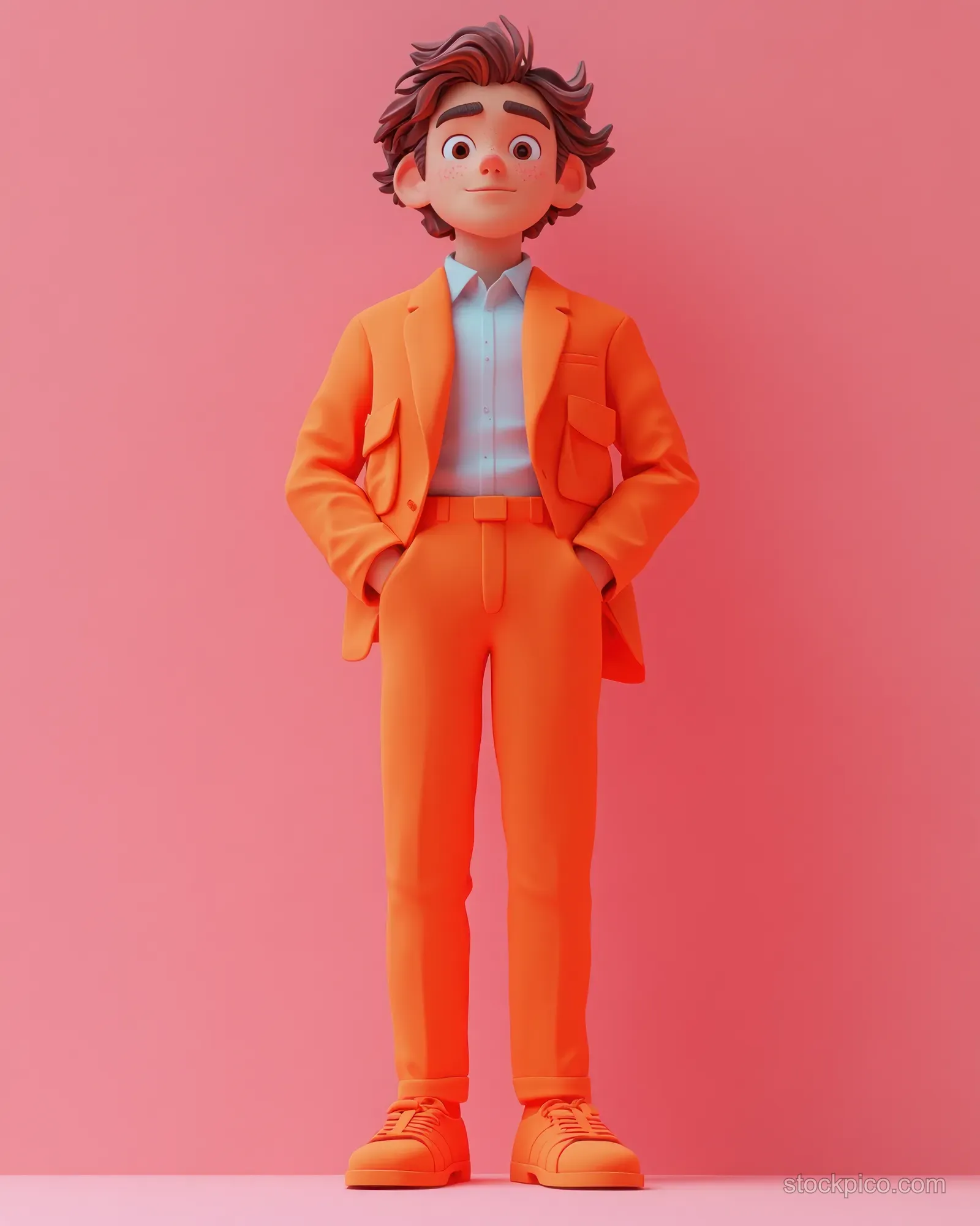 A 3D cartoon woman in a green suit points forward with a shocked face while standing on a white background.